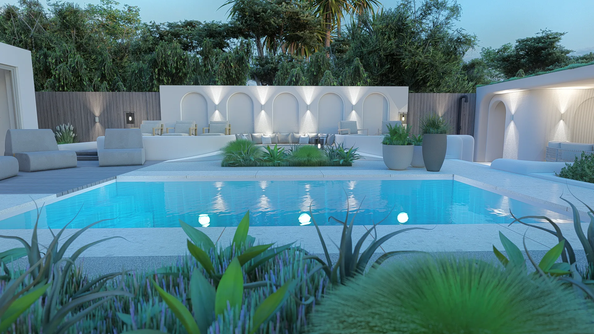 Exclusieve villatuin met loungeterras en sfeerverlichting in Het Gooi